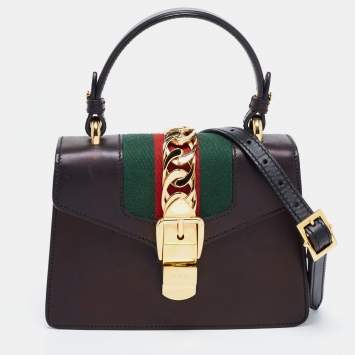 Pre Owned Gucci Black Leather Mini Web Chain Sylvie Top Handle Bag