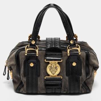 Pre Owned Gucci Grey/Black Suede and Patent Leather Medium Aviatrix Boston Bag