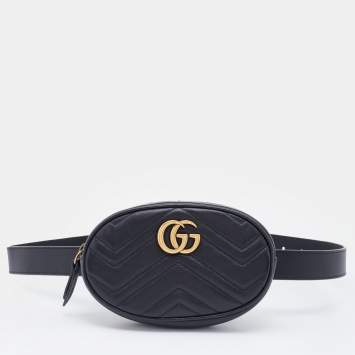 Pre Owned Gucci Black Matelasse Leather Leather GG Marmont Belt Bag