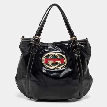 Pre Owned Gucci Black Patent Leather Medium Dialux Britt Tote
