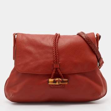 Pre Owned Gucci Orange Leather Braided Bamboo Flap Shoulder Bag