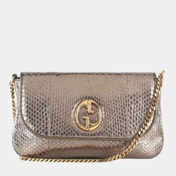 Pre Owned Gucci Bronze Snakeskin Leather Vintage GG Logo Shoulder Bag 