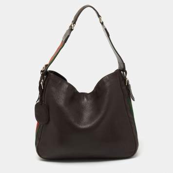 Pre Owned Gucci Dark Brown Leather Web Shoulder Bag