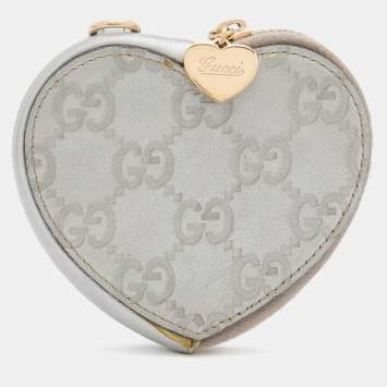 Pre Owned Gucci Silver Guccissima Leather Heart Shape Coin Purse