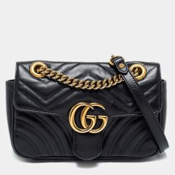 Pre Owned Gucci Black Matelassé Leather GG Marmont Super Small Shoulder Bag