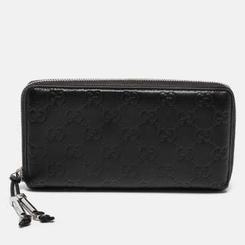 Pre Owned Gucci Black Guccissima Leather Continental Zip Around Wallet