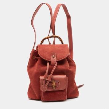 Pre Owned Gucci Red Leather and Suede Bamboo Backpack