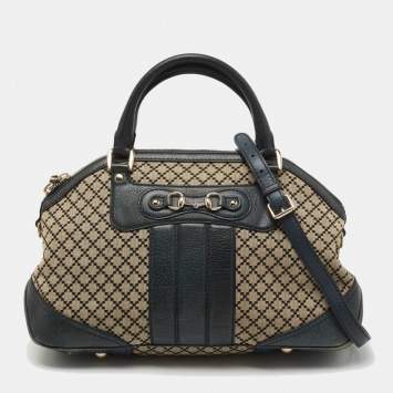 Pre Owned Gucci Beige/Blue Diamante Canvas and Leather Catherine Satchel