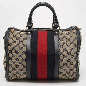 Pre Owned Gucci Beige/Blue GG Canvas Joy Web Boston Bag