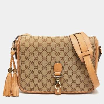 Pre Owned Gucci Beige/Brown GG Canvas and Leather Medium Marrakech Tassel Messenger Bag