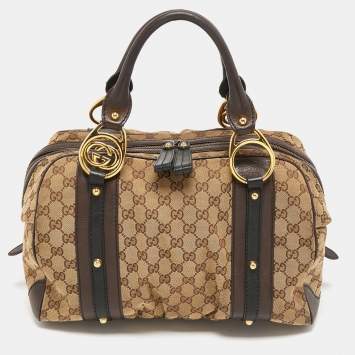 Pre Owned Gucci Beige/Brown Canvas and Leather Interlocking Boston Bag