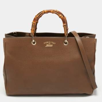 Pre Owned Gucci Brown Leather Large Bamboo Shopper Tote