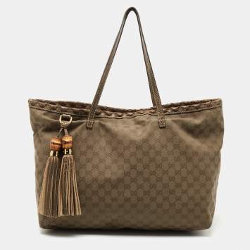 Pre Owned Gucci Dark Olive Green GG Canvas Bamboo Tassel Shopper Tote