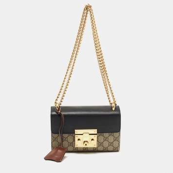 Pre Owned Gucci Black/Beige GG Supreme Canvas and Leather Small Padlock Shoulder Bag
