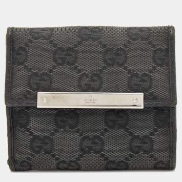 Pre Owned Gucci Black GG Canvas and Leather Flap Compact Wallet