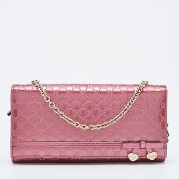 Pre Owned Gucci Pink Microguccissima Patent Leather Long Wallet on Chain