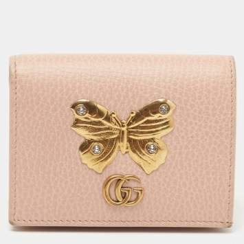 Pre Owned Gucci Light Pink Leather Butterfly Embellished Flap Card Case 