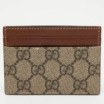 Pre Owned Gucci Beige/Tan GG Supreme Canvas and Leather Card Holder  