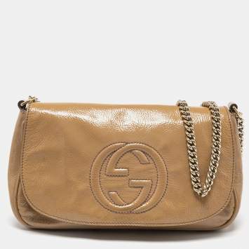 Pre Owned Gucci Beige Patent Leather Soho Flap Shoulder Bag