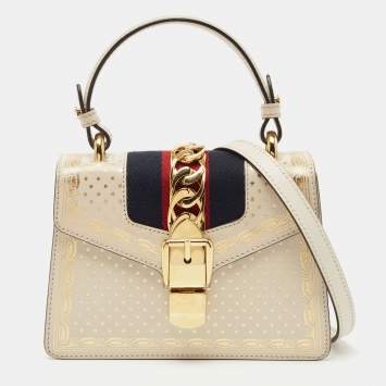 Pre Owned Gucci Off White Star Print Leather Mini Sylvie Top Handle Bag