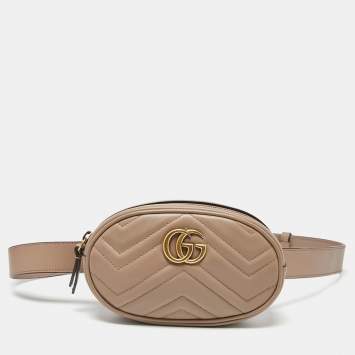 Pre Owned Gucci Beige Matelassé Leather GG Marmont Belt Bag