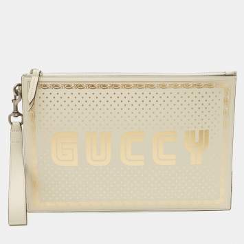 Pre Owned Gucci Off White/Gold Leather Guccy Zip Wristlet Pouch