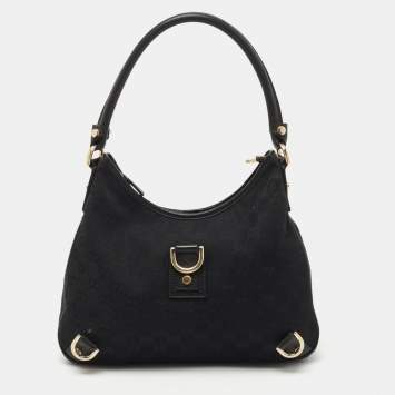 Pre Owned Gucci Black GG Canvas and Leather Abbey D-Ring Hobo