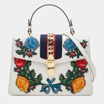 Pre Owned Gucci White Leather Floral Embroidered Medium Sylvie Top Handle Bag
