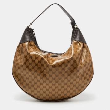 Pre Owned Gucci Ebony/Brown GG Crystal Canvas Large Signature Hobo
