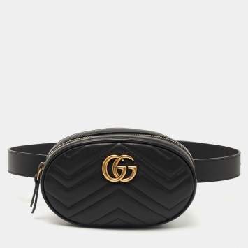 Pre Owned Gucci Black Matelassé Leather GG Marmont Belt Bag