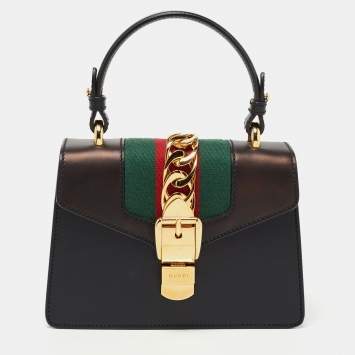 Pre Owned Gucci Black Leather Mini Web Chain Sylvie Top Handle Bag