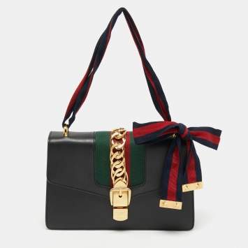 Pre Owned Gucci Black Leather Small Web Sylvie Shoulder Bag