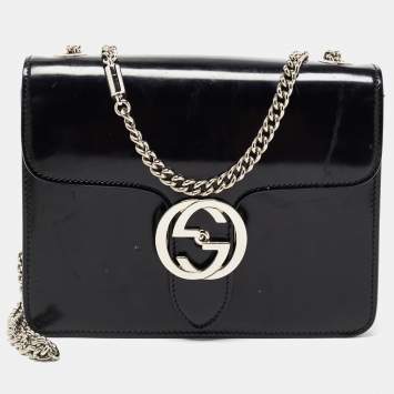 Pre Owned Gucci Black Patent Leather Small Interlocking G Shoulder Bag