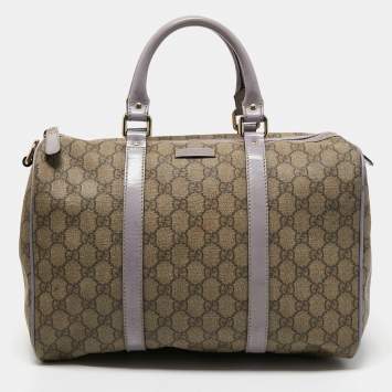 Pre Owned Gucci Beige/Purple GG Supreme Canvas and Patent Leather Joy Boston Bag