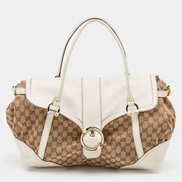 Pre Owned Gucci Beige/White GG Canvas and Leather Travel Satchel