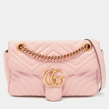 Pre Owned Gucci Pink Matelassé Leather Small GG Marmont Shoulder Bag