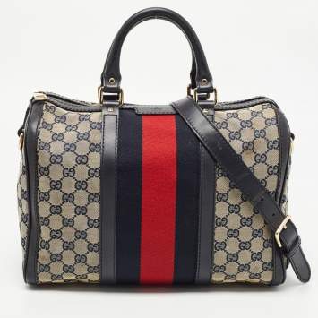 Pre Owned Gucci Beige/Brown GG Canvas and Leather Medium Vintage Web Boston Bag