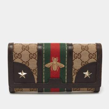 Pre Owned Gucci Brown/Beige Canvas and Leather Bee Web Continental Wallet 