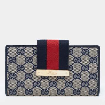 Pre Owned Gucci Blue/Beige GG Canvas and Leather Web Flap Continental Wallet