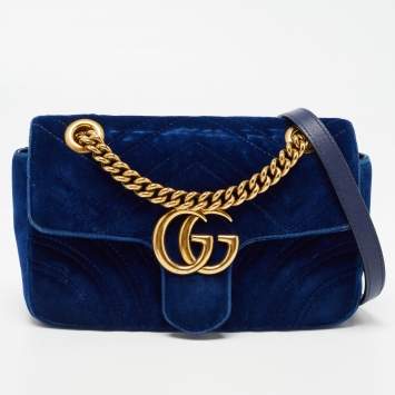 Pre Owned Gucci Blue Matelasse Velvet Mini GG Marmont Shoulder Bag