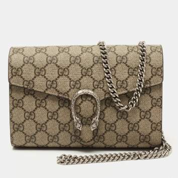 Pre Owned Gucci Beige GG Supreme Canvas and Leather Dionysus Wallet On Chain