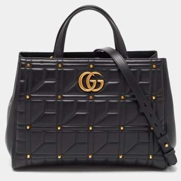 Pre Owned Gucci Black  Matelassé Leather Medium GG Marmont Tote