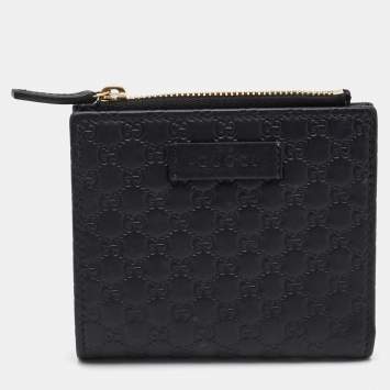Pre Owned Gucci Black Guccissima Leather Zip Card Case