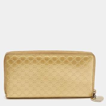 Pre Owned Gucci Gold Microguccissima Patent Leather Zip Around Wallet