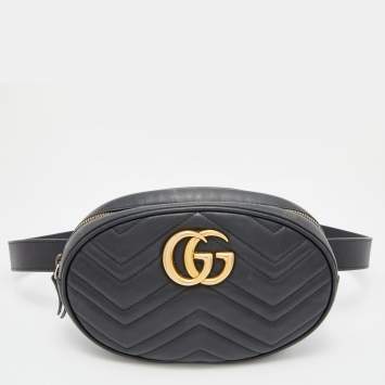 Pre Owned Gucci Black Matelassé Leather GG Marmont Belt Bag