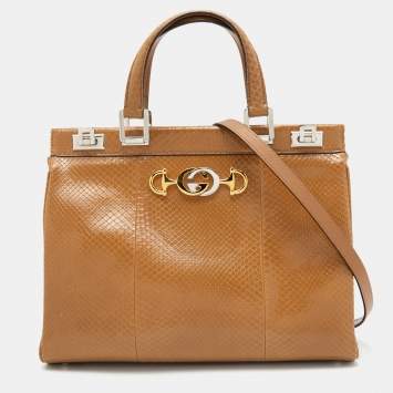 Pre Owned Gucci Light Brown Python Leather Medium Zumi Tote