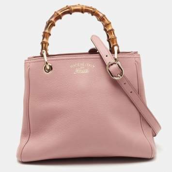 Pre Owned Gucci Old Rose Leather Bamboo Handle Tote