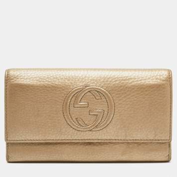 Pre Owned Gucci Metallic Beige Leather Soho Flap Continental Wallet