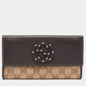 Pre Owned Gucci Beige/Brown GG Crystal Canvas and Leather Flap Continental Wallet