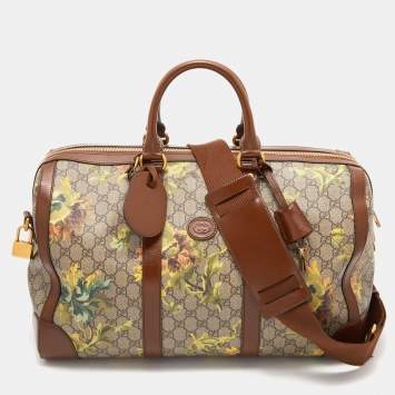 مملوكة مسبقًا Gucci Beige/Brown Carnation Print GG Supreme Canvas and Leather Carry On Duffel Bag